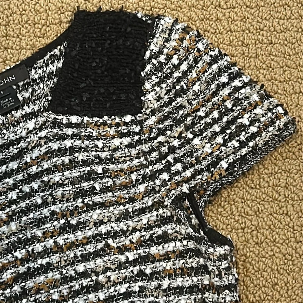 St. John Inlaid Eyelash Knit Cap Sleave A-Line Dress size 8 Black White Brown - Picture 5 of 17